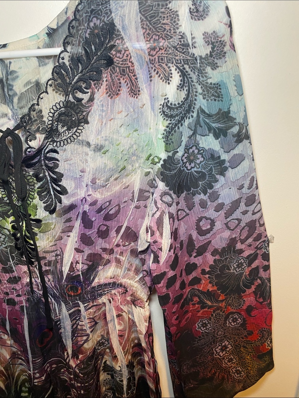 Sheer Multi-Color Print Tie-Front Women’s Blouse - Picture 3 of 6